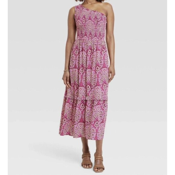 Knox Rose Dresses & Skirts - Knox Rose One Shoulder Smocked Maxi Dress Women Large Pink Floral Spring Cottage